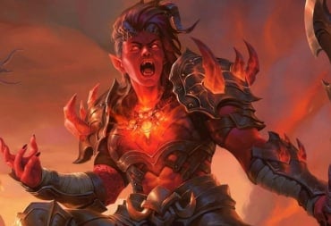 A red-skinned tiefling warrior in black spiked armor wielding a battleaxe.