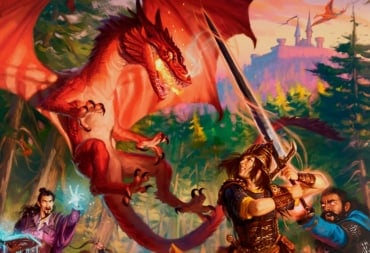A red dragon fighting a knight in armor. A wizard is in the back casting a spell.