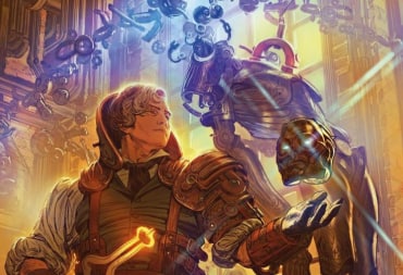 An artificer in a workshop. A humanoid mechanical construct is hanging on a hook behind them.